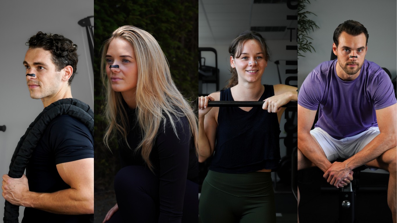 Mannen en vrouwen gebruiken de magnetische neusstrips tijdens het sporten
