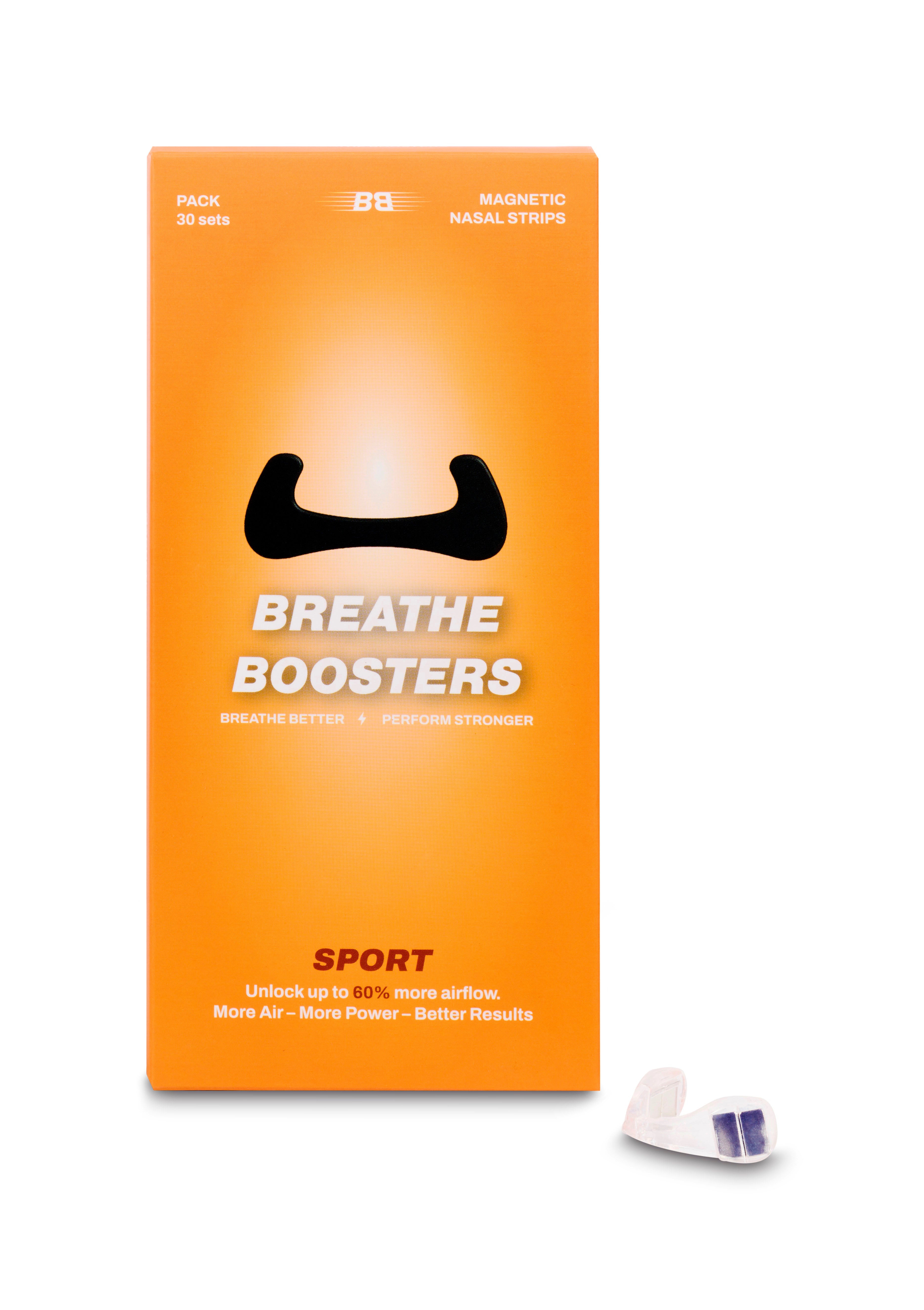 De verpakking van transparante magnetische neusstrips van Breathe Boosters voor het sporten en slapen 