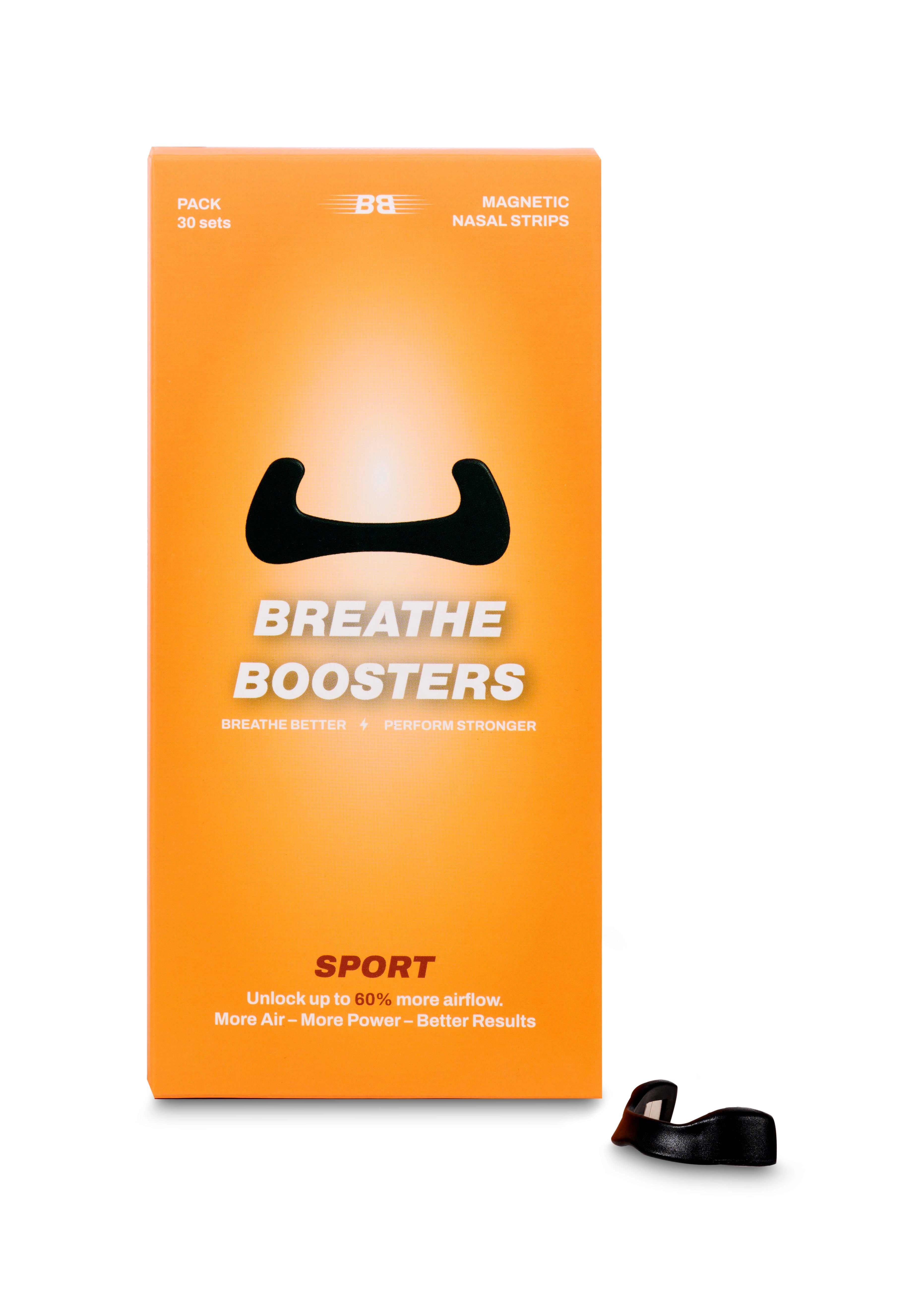 Verpakking van zwarte magnetische neusstrips van Breathe Boosters voor sport en slaap 